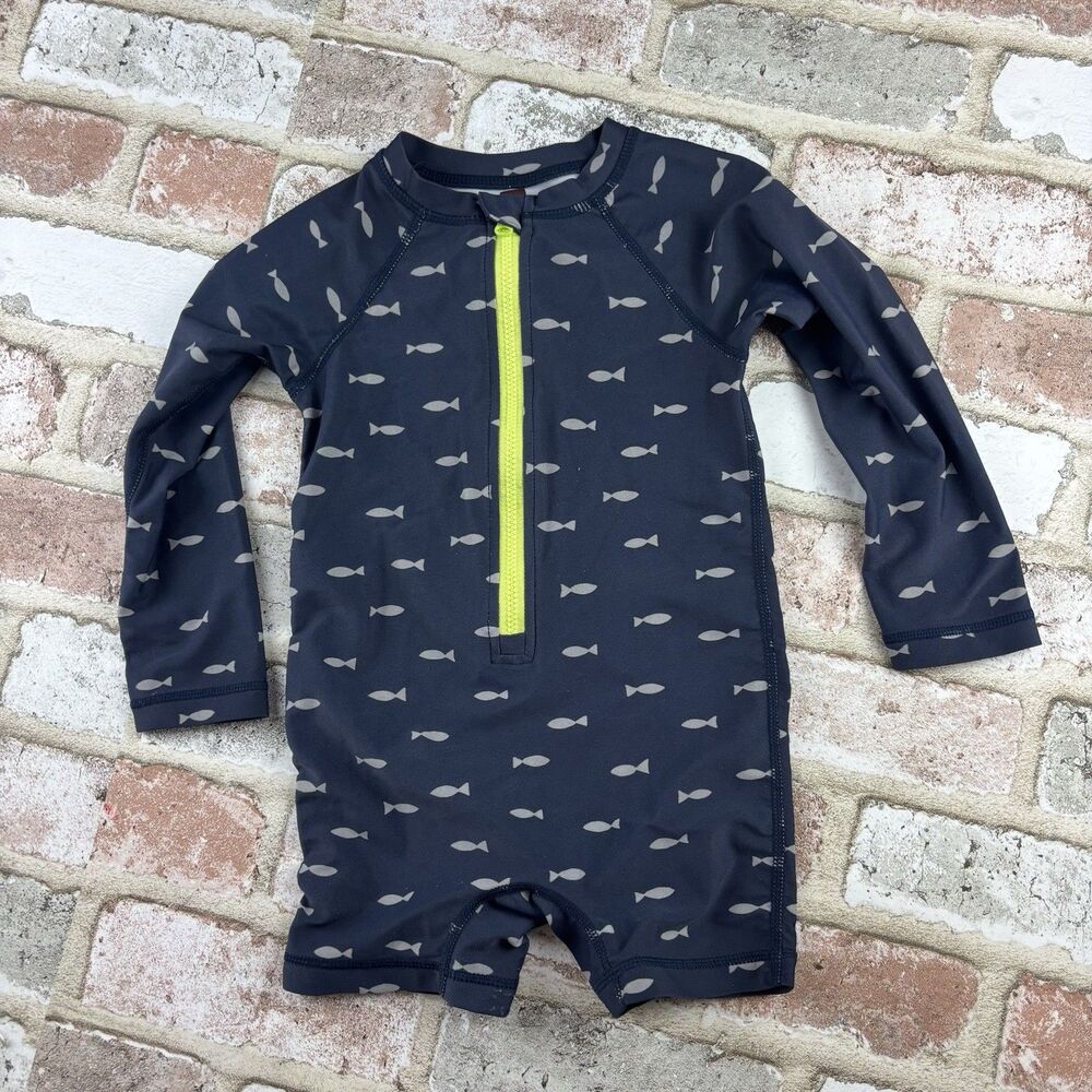 Tea Collection Swim Romper One Piece Boys Toddler 2T Fish Print Blue Gray Beach